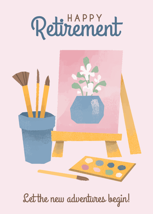 Painting on an easel with brushes and palette for a retirement card