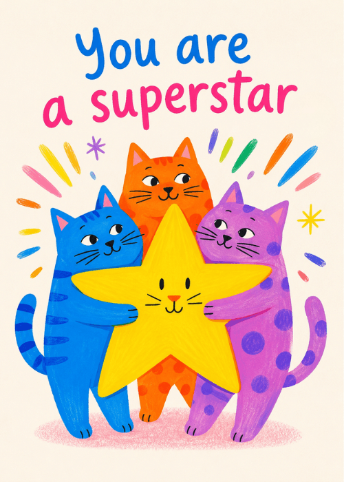 Three colorful cartoon cats hugging a giant smiling star for a you are a superstar message
