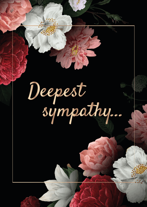Lush pink and white peonies on a black background with deepest sympathy text