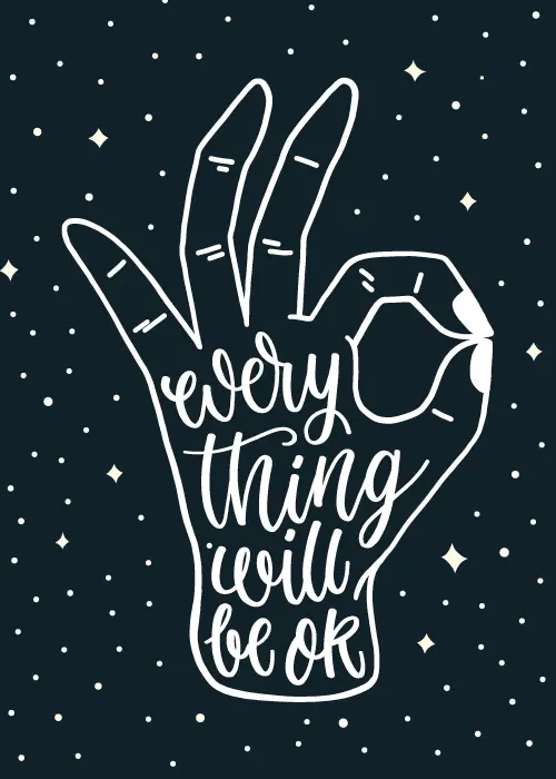Dark navy sympathy card with white line-art OK hand gesture and script text everything will be ok on a starry background
