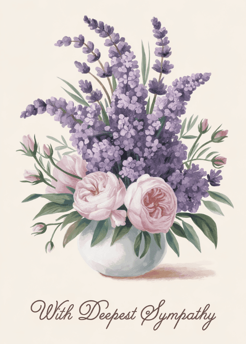 Group sympathy card featuring a watercolor vase of pink roses and lavender with the words With Deepest Sympathy in script