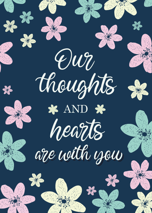 Navy blue sympathy card with pastel floral illustrations in pink, teal, and cream surrounding white cursive text reading "Our thoughts and hearts are with you"