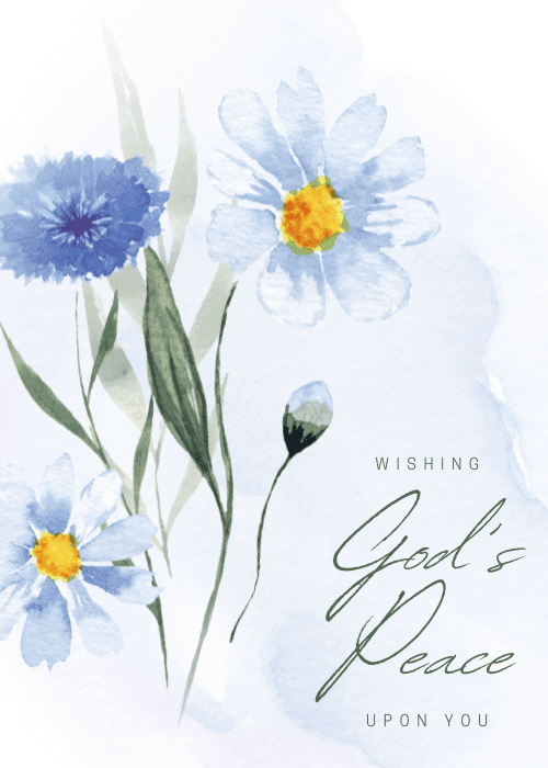 Soft blue and white sympathy card with watercolor blue daisy and cornflower wildflowers on green stems, with Wishing Gods Peace Upon You in spaced caps and flowing script