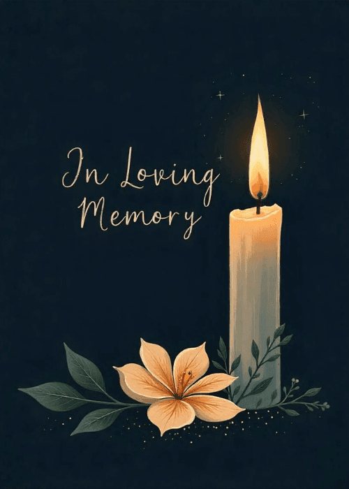 Dark teal sympathy card with a tall glowing white candle, an orange lily flower, and gold script text In Loving Memory