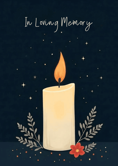 Sympathy ecard with soft dignified illustrated design and In Loving Memory text in elegant lettering with gentle floral or nature accents on a muted background