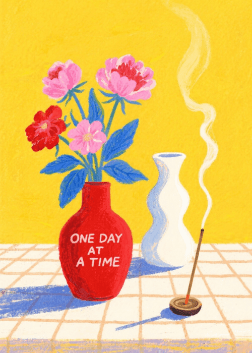 Illustrated still life with pink peonies in a red vase reading One Day At A Time next to a white vase and burning incense stick on a checkered tablecloth against a yellow background