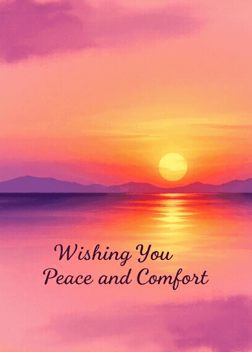 Group sympathy ecard with a vibrant purple and orange sunset over calm water and the message Wishing You Peace and Comfort