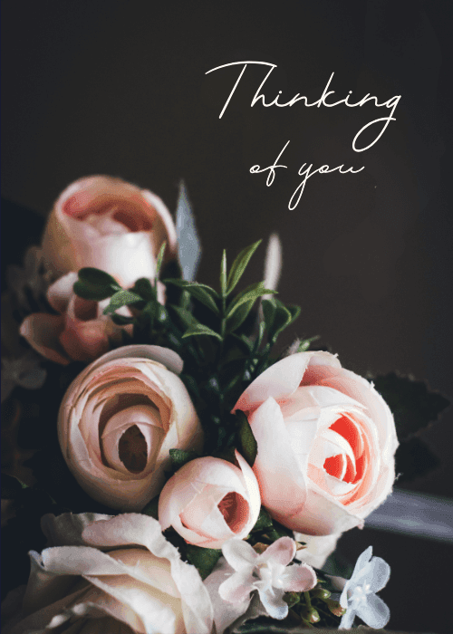 Group sympathy card with a photographic bouquet of blush pink roses and flowers against a dark charcoal background and the text Thinking of you