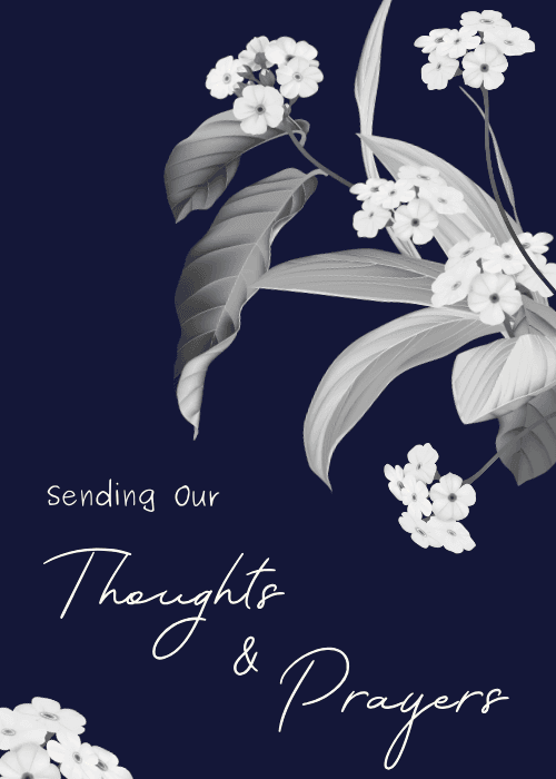 Group sympathy card with monochrome white botanical flowers on a deep navy background and the text Sending Our Thoughts and Prayers