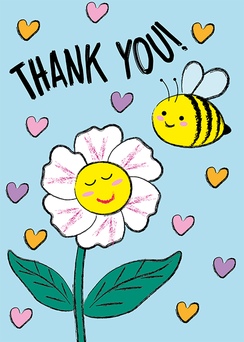 Group thank you card with a smiling illustrated daisy flower and a happy bee on a blue background surrounded by colourful hearts and bold text THANK YOU