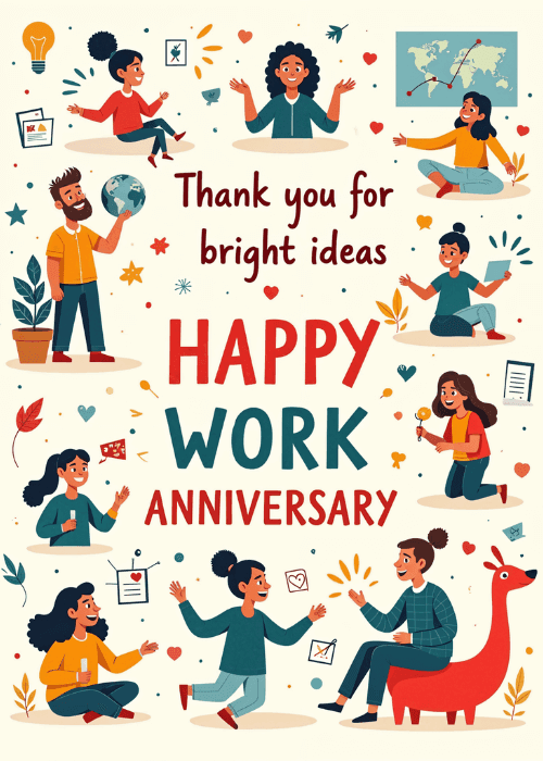Diverse illustrated team members engaged in brainstorming and presenting surrounding bold red text reading Thank You For Bright Ideas Happy Work Anniversary on a cream background