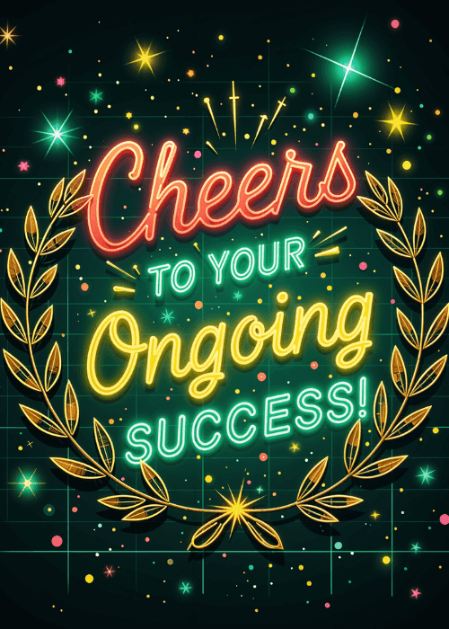 Illustrated work anniversary card with a warm uplifting Cheers to Ongoing Success message in cheerful celebratory design