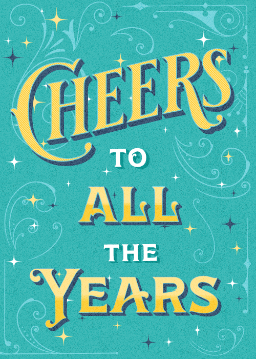 Illustrated celebration card with champagne glasses and bold Cheers to All the Years toast text