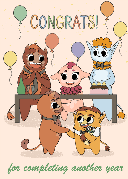 Work anniversary card on warm peach confetti background with five quirky illustrated fantasy creatures including winged pink figure blue elf with cake suited cat character and others celebrating at party table with balloons