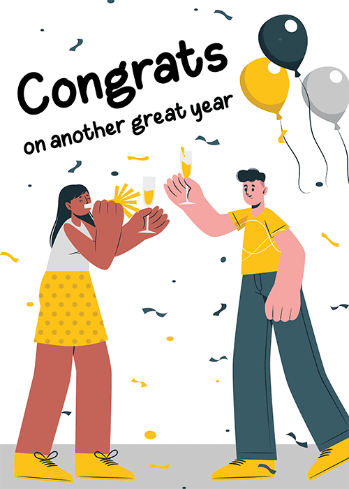 Bold professional work anniversary card with gold and navy typography and celebratory accents