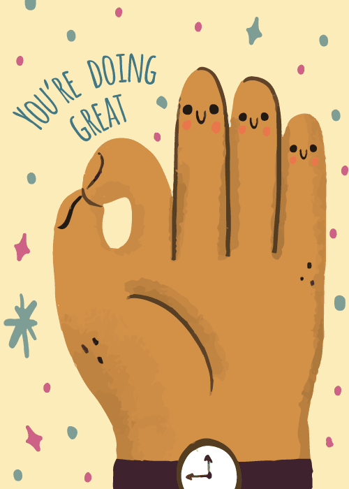 Large illustrated hand making an OK gesture with cute smiling faces on each finger and a wristwatch, surrounded by colorful dots and star shapes on a cream background with teal text reading You Are Doing Great
