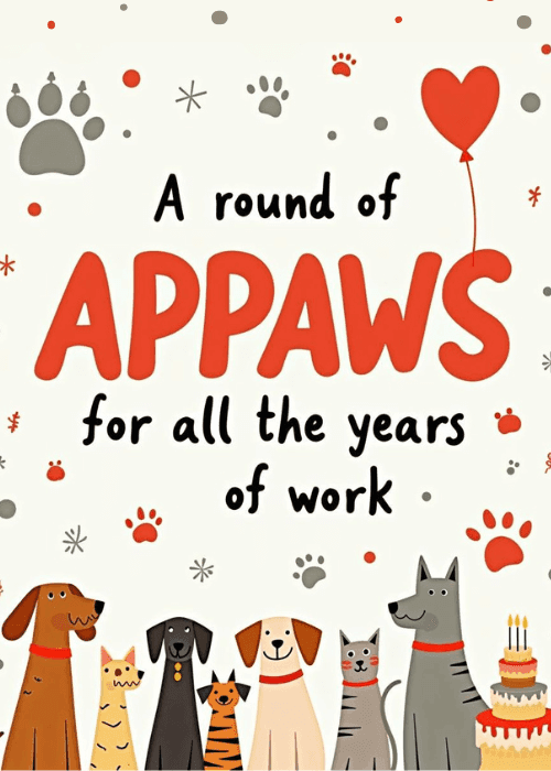 Illustrated funny work anniversary card featuring an applauding dog with the pun-based appaws message