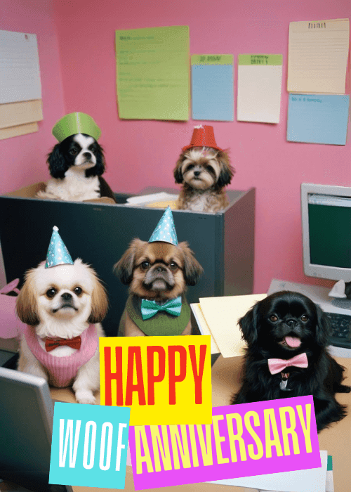 Five adorable dogs wearing party hats and bow ties sitting at office desks with computers in a pink office setting with bold colorful text reading Happy Woof Anniversary