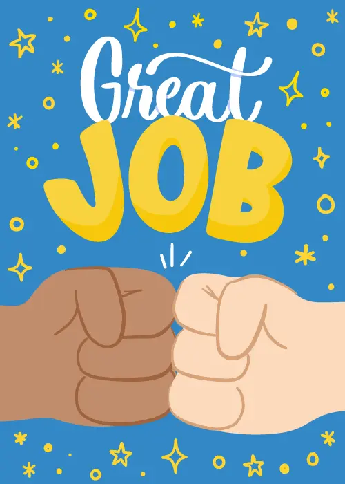 Illustrated fist bump with great job text celebrating employee achievement in vibrant colors