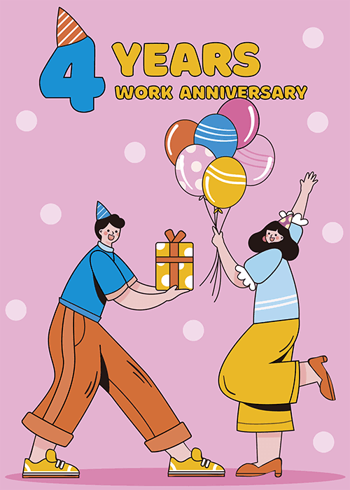 Bold work anniversary card celebrating four years with illustrated celebratory design and typography