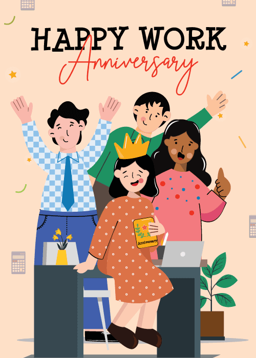 Diverse illustrated coworkers celebrating in an office with confetti and stars, one person wearing a crown and holding an anniversary card, with text reading Happy Work Anniversary