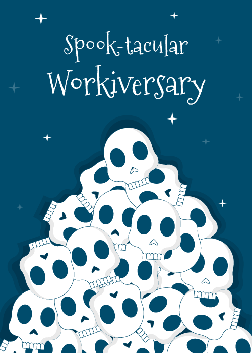Pile of cute white illustrated skulls stacked in a pyramid shape on a dark teal-blue background with sparkle stars and hand-lettered text reading Spook-tacular Workiversary