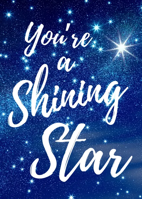 Work anniversary card with bold Shining Star typography in white and gold against a deep royal blue galaxy background