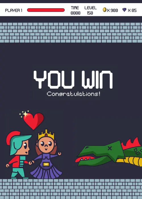 Retro pixel-art video game victory screen on a dark grey-blue brick wall background showing a pixel knight and princess holding hands beside a defeated green dragon with X eyes, floating red heart, and game HUD with health bar and coin counter, large pixel-font text reading YOU WIN Congratulations