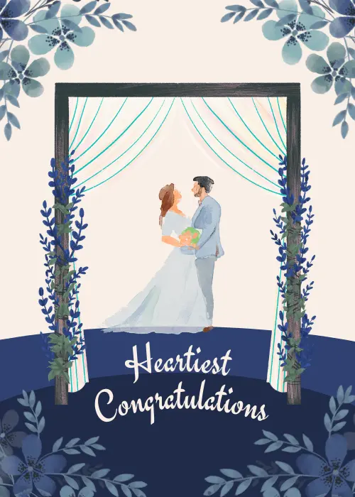 Elegant wedding congratulations card with beautiful floral or decorative design and flowing script or serif text reading Heartiest Congratulations on a soft romantic background