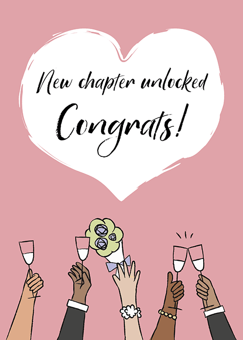 Wedding congratulations greeting card with soft blush and mauve romantic tones and a new chapter message with delicate floral accents