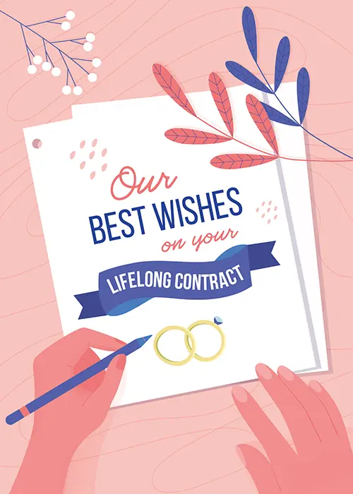 Illustrated hand writing on a tilted white paper with two gold wedding rings, botanical branches and white berries, and text reading Our Best Wishes On Your Lifelong Contract on a soft blush pink background
