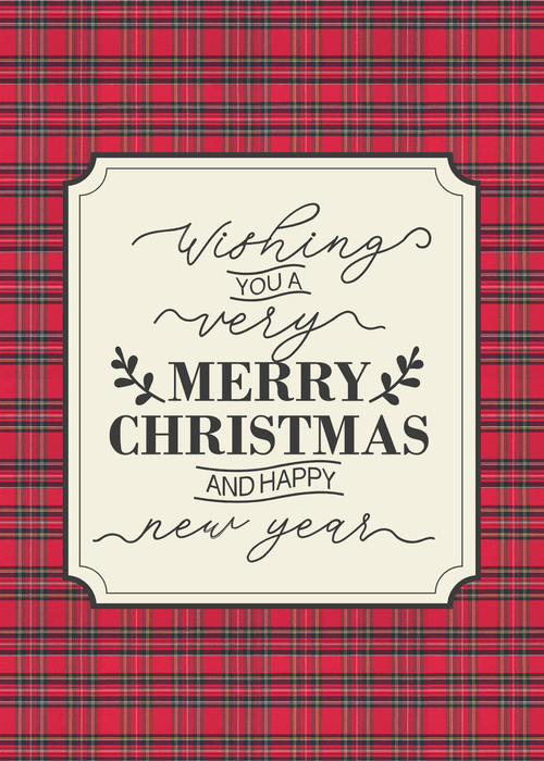 Elegant typography on a white frame with a red plaid background