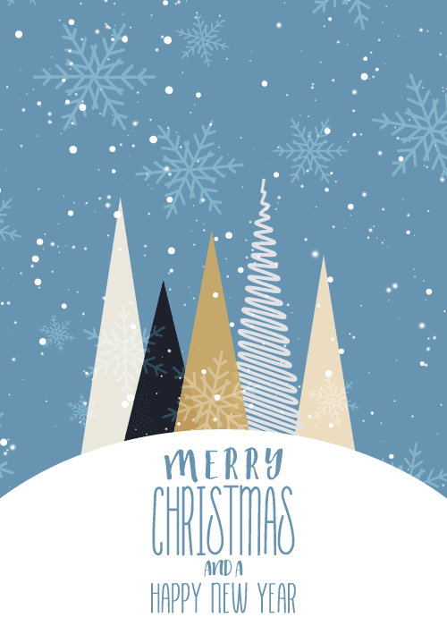 Stylized white and gold Christmas trees on a blue background with Merry Christmas and Happy New Year text