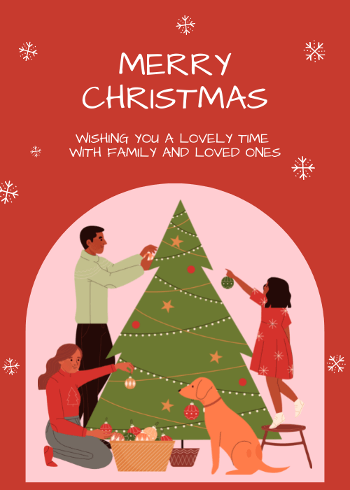 A family and their dog decorating a Christmas tree on a red background
