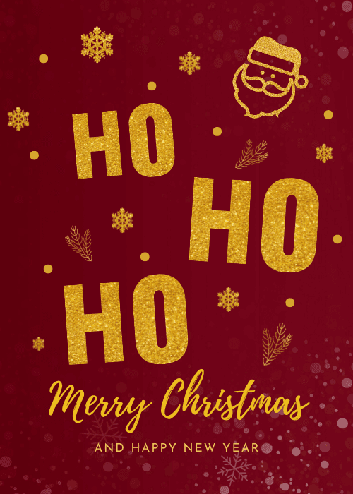 Gold glitter ho ho ho text on a red background with christmas and new year text
