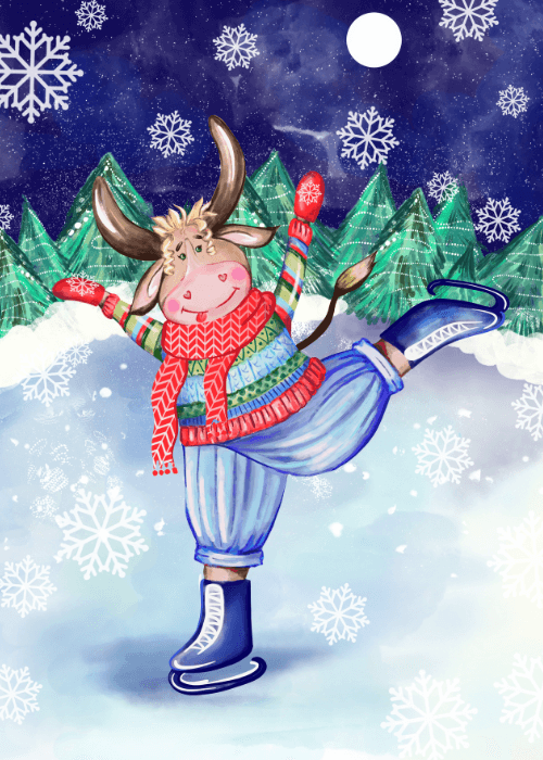 Reindeer ice skating in a snowy forest with snowflakes