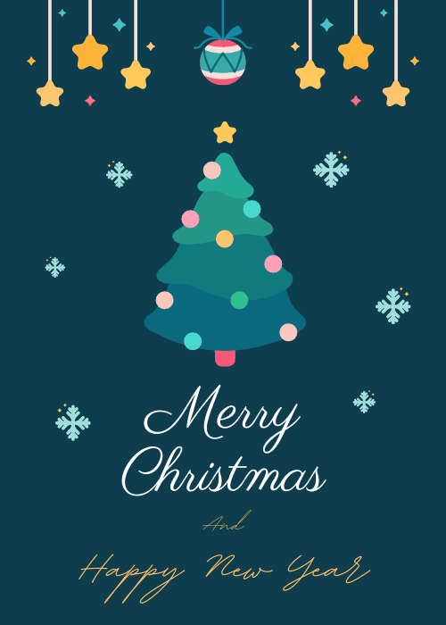 Stylized Christmas tree with hanging stars and ornaments on a navy background