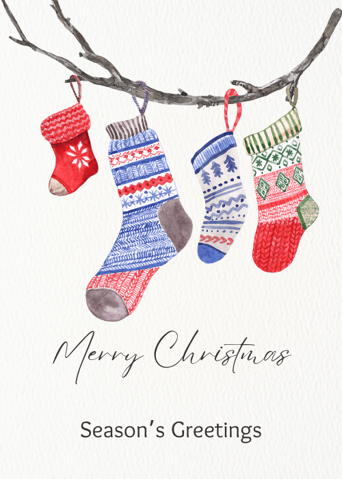 Four watercolor stockings hanging from a branch with merry christmas season's greetings text