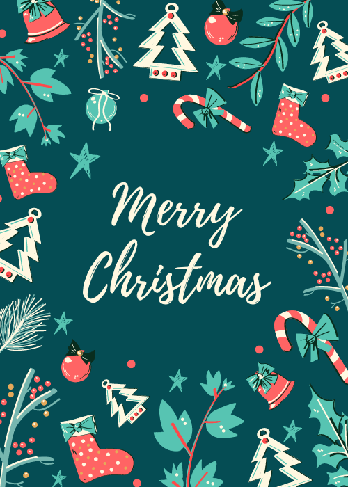 Playful Christmas icons framing a merry christmas message on a teal background