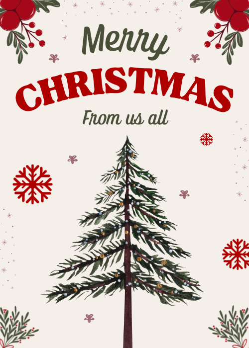 Watercolor Christmas tree with snowflakes and holly on a cream background