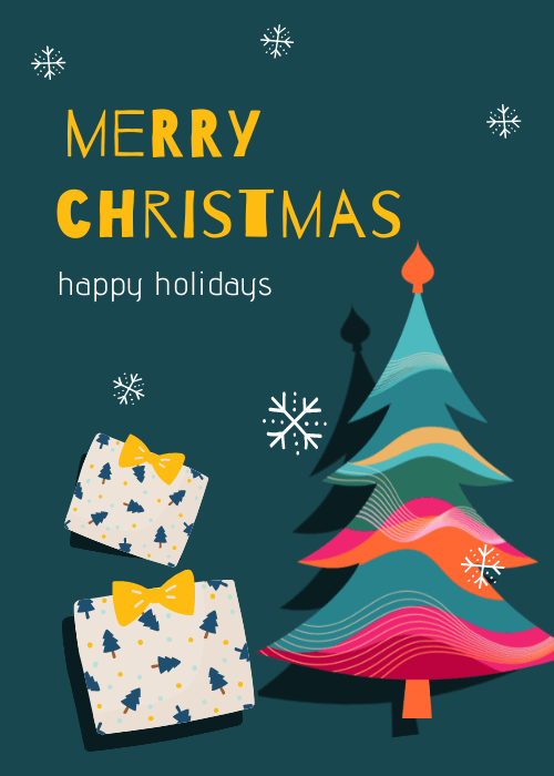 Stylized colorful Christmas tree and patterned gifts on a dark teal background