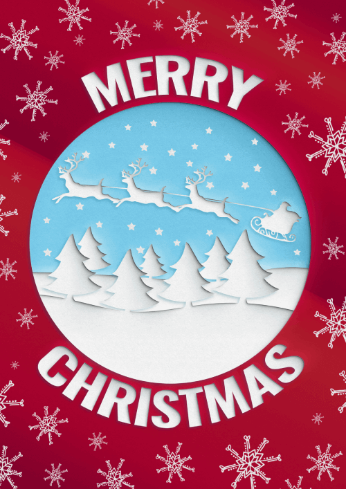 Santa and reindeer flying over trees in a snow globe on a red background