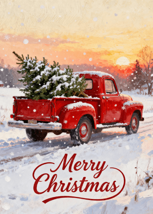 Vintage red truck with a Christmas tree in a snowy landscape at sunset