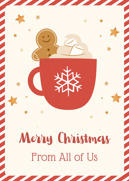 Red mug of cocoa with a gingerbread man on a cream background with stars