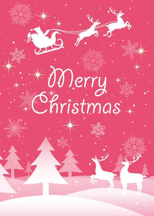 Santa in his sleigh with reindeer flying over white trees on a pink background