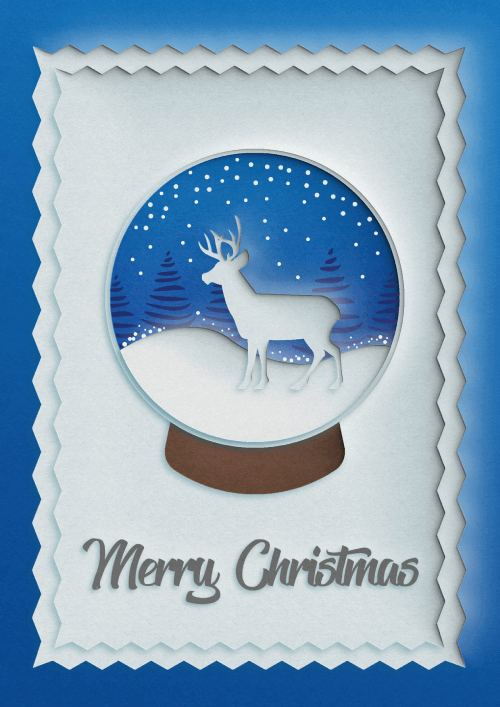 White reindeer silhouette in a blue snow globe on a blue and white background