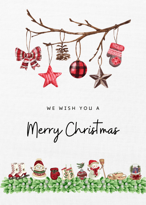 Watercolor branch with Christmas ornaments and winter charms at the bottom