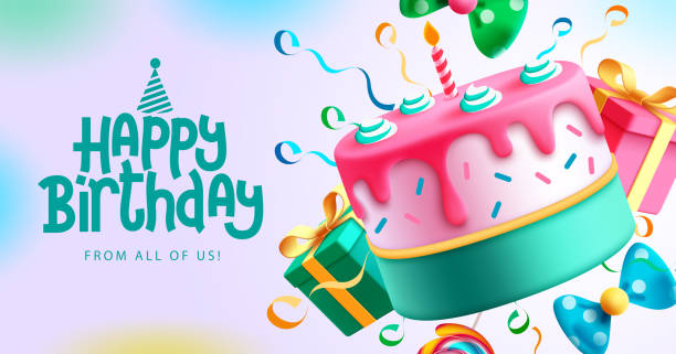 Happy Birthday cake vector background design. Happy birthday greeting text with yummy cake element decoration for kids party occasion.